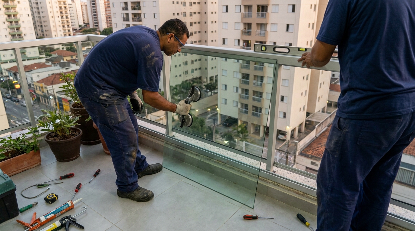 Profissionais montando parede de vidro em Maceió-AL